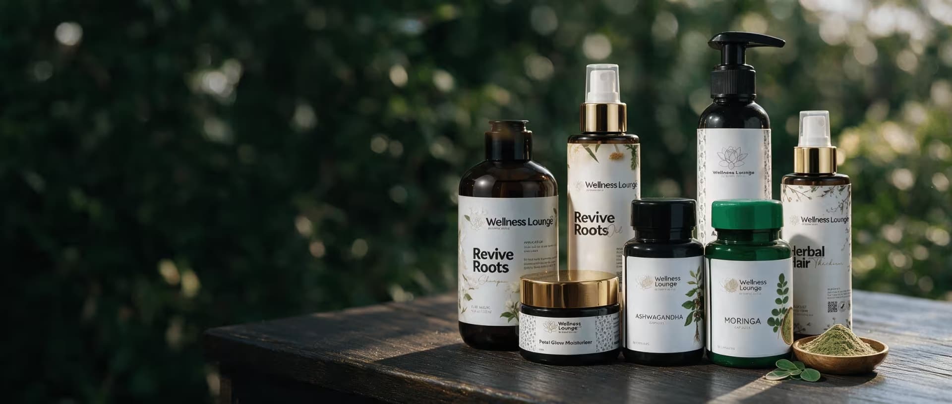 The Wellness Lounge range of hair care, skin care, and supplement bottles against a deep green backdrop